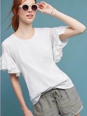 Vanessa Virginia from Anthropologie White Sorrento Ruffle Sleeve Top, Size XS